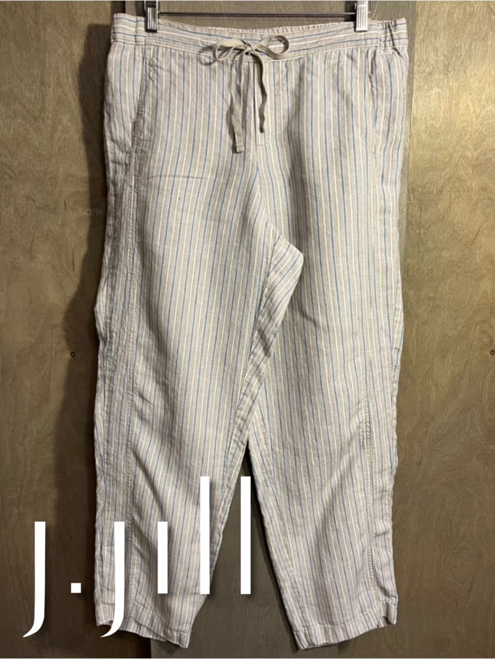 J. Jill Love Linen Beachcomber Striped Tan/Blue/White Cropped Pants M
